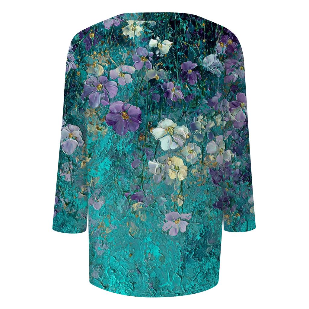 Mote Casual Rund Hals 3/4 Erme Løs Trykket T-skjorte Dame Topp