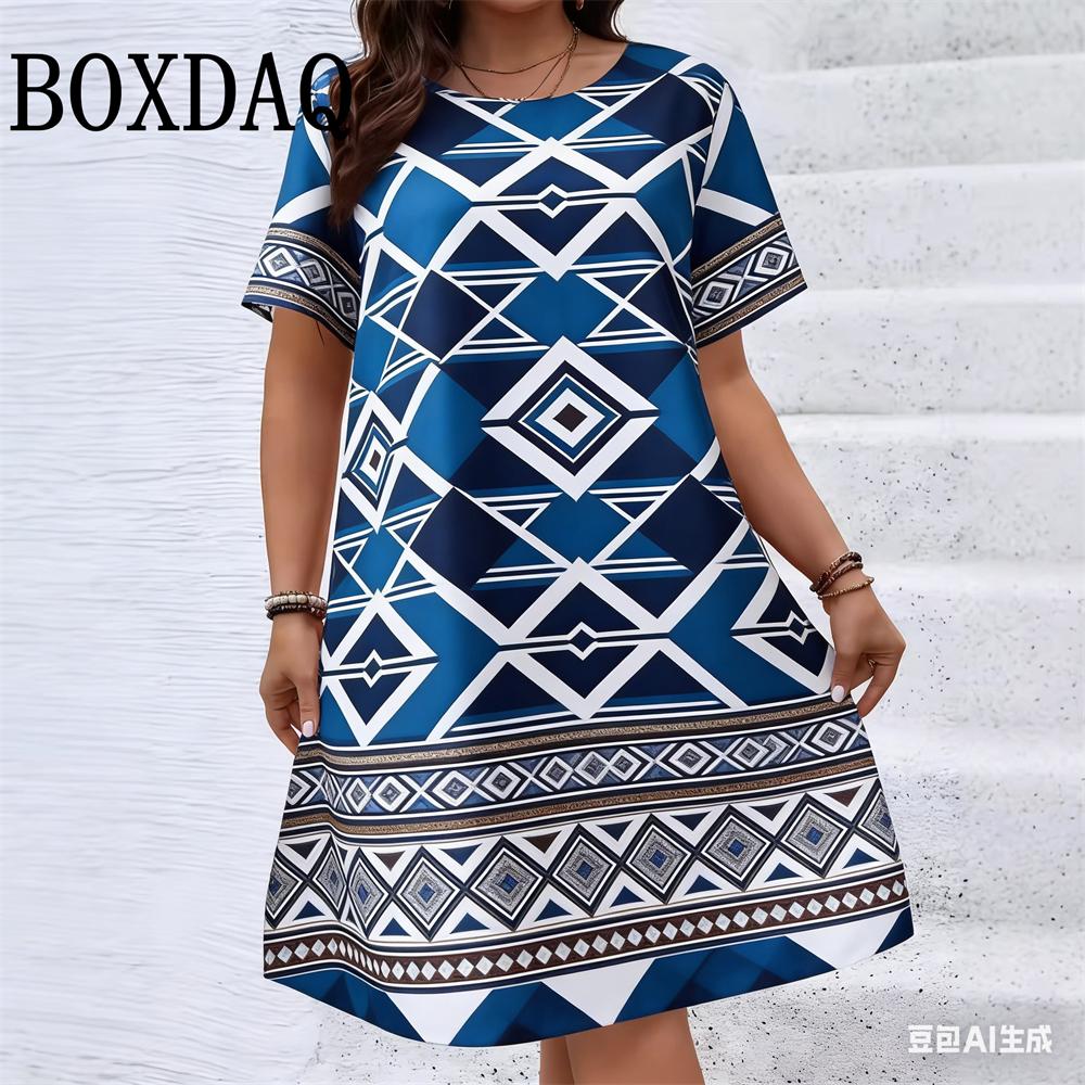 Vestito da Festa Geometrico Etnico Vintage Taglie Forti Donna Casual Scollo O Manica Corta Mini Abiti Per Donna Estate Larghi