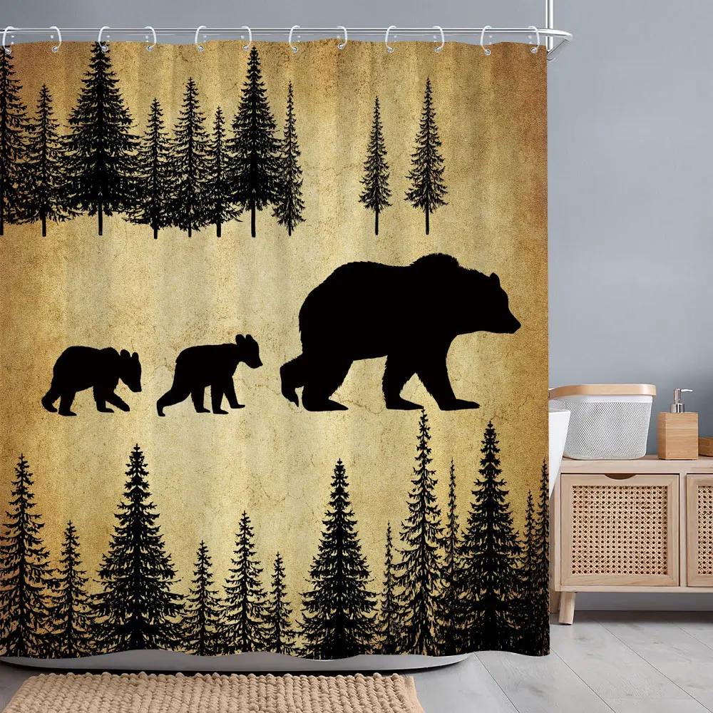 Vintage Lattice Outdoor Camping Shower Curtain Bear Deer Forest Rustic Wooden Panels Shower Curtains Bathroom Decor With Hooks
