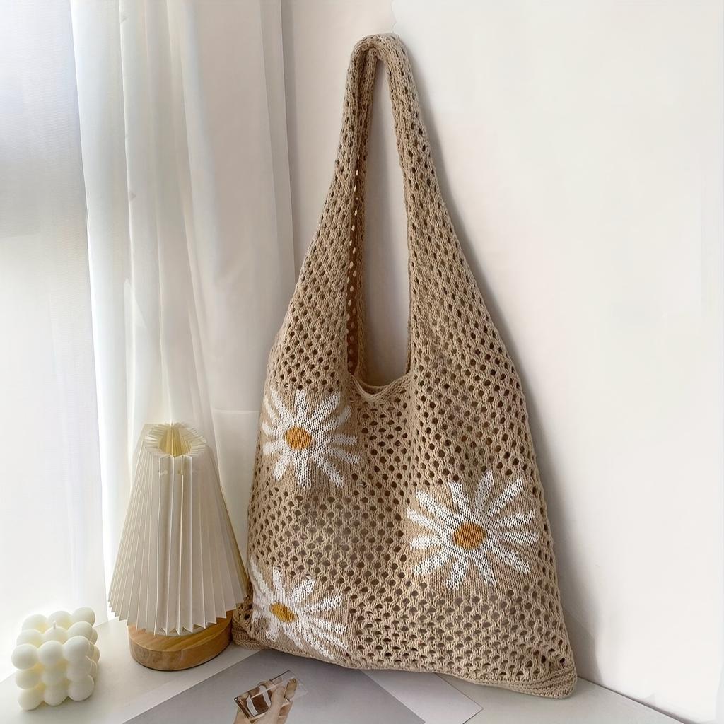 1pc Floral Pattern Contrast Hook Needle Tote Bag, Single Shoulder Bag, Large Capacity, Fashion, Beach for Women, Vacation, Casual, Beach