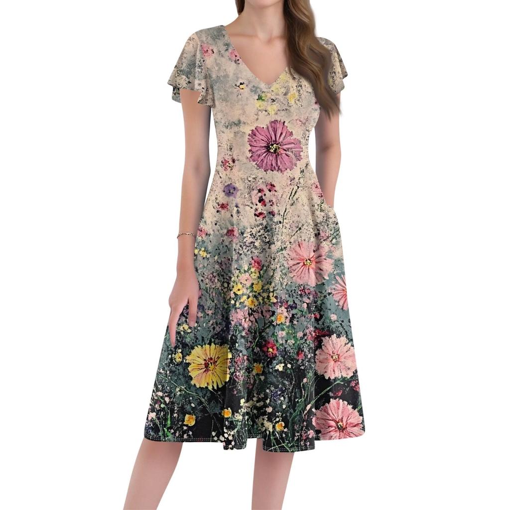 Vestido Casual Holgado y de Moda para Mujer, con Cuello en V, Mangas Cortas, Estampado, de Longitud Media