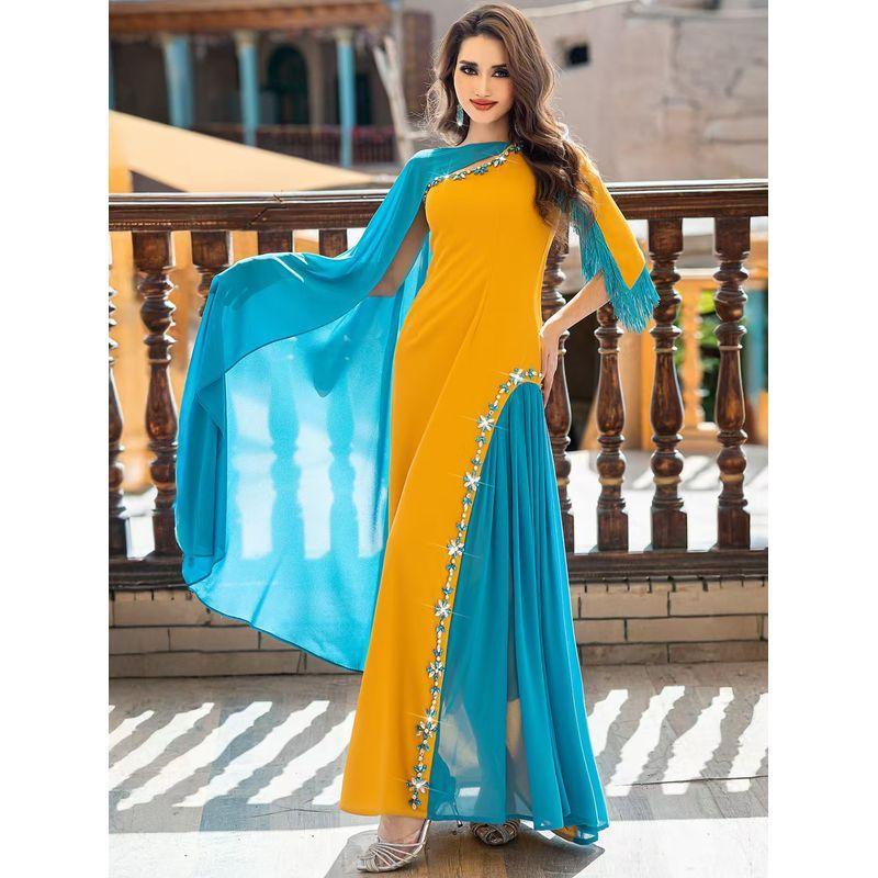 

Ближневосточная мода Колорблок Асимметричная Полушаль Платье с Бахромой из Стеклянных Бусин Колорблок Платье Color matching M