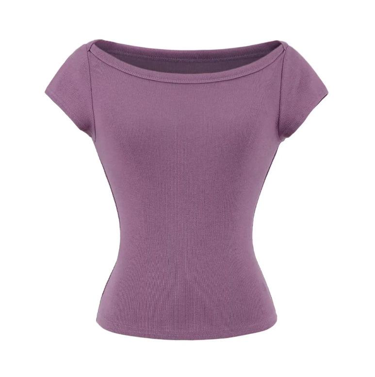 Boat collar short-sleeved T-shirt summer new female American Spice Girl style solid color slim-fitting and thin short bottomed shirt top