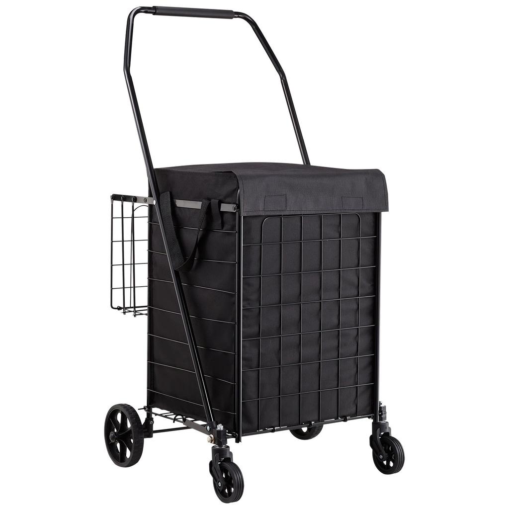Shopping Cart, Folding Grocery Utility Cart with Dual Baskets, Waterproof Liner & Wheels, 45 KG Large Load Capacity, Heavy Duty Laundry Basket for