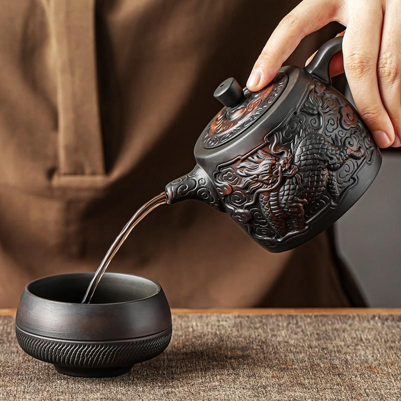 Jianshui Clay Purple Pottery Carving Dragon Teapot Hand Painted Antique Relief Teapot Household Teapot Kungfu Tea Set Kettle