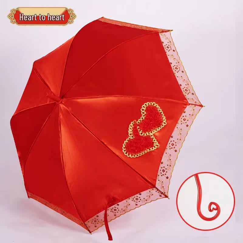 Bright Red Embroidered Bridal Wedding Umbrella with Lace Edge and Long Handle