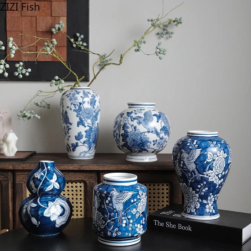 Flowers and Birds Pattern Blue Porcelain Vase Plant Pots Table Decoration Flowers Arrangement Floral Vases Room Aesthetic Decor