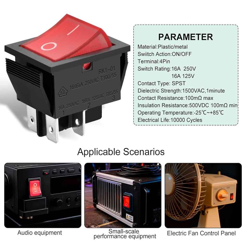 Heschen Rocker Switch ON-Off DPST 4 Terminals Red Light 16A 250VAC with Waterproof Cover