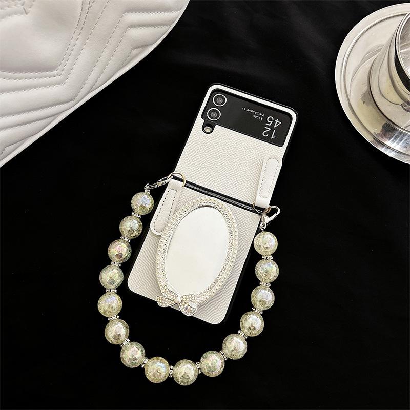 Mirror Airbag Holder Phone Case for Samsung Zflip 7 Flip Folding Screen Bead Chain Handheld Xflip