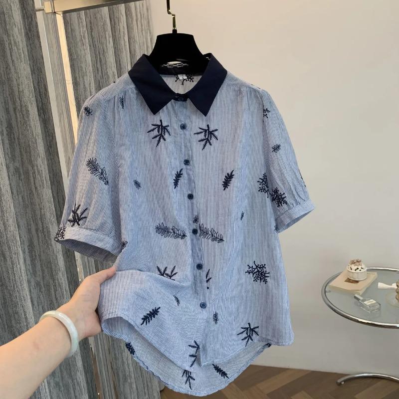 

Summer Women Striped Leaf Embroidered Contrast Collar Short Sleeve Shirt S синий