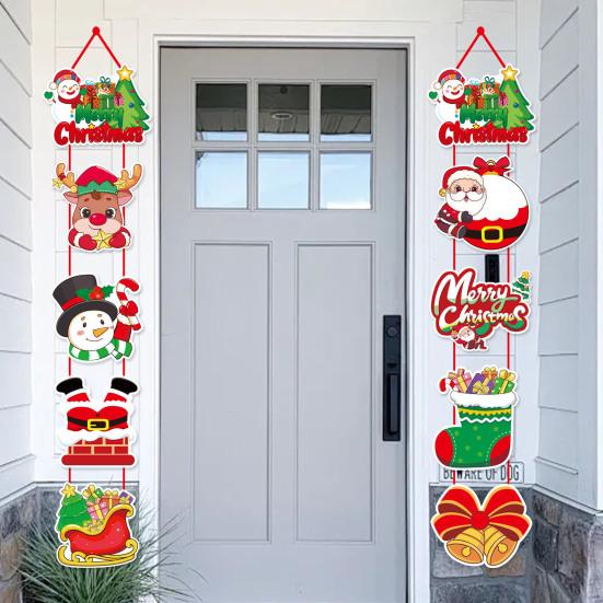 1 Pair Christmas Door Decoration Merry Christmas Hanging Sign Cartoon Santa Claus Snowman Holiday Decor for Home Wall Front Door