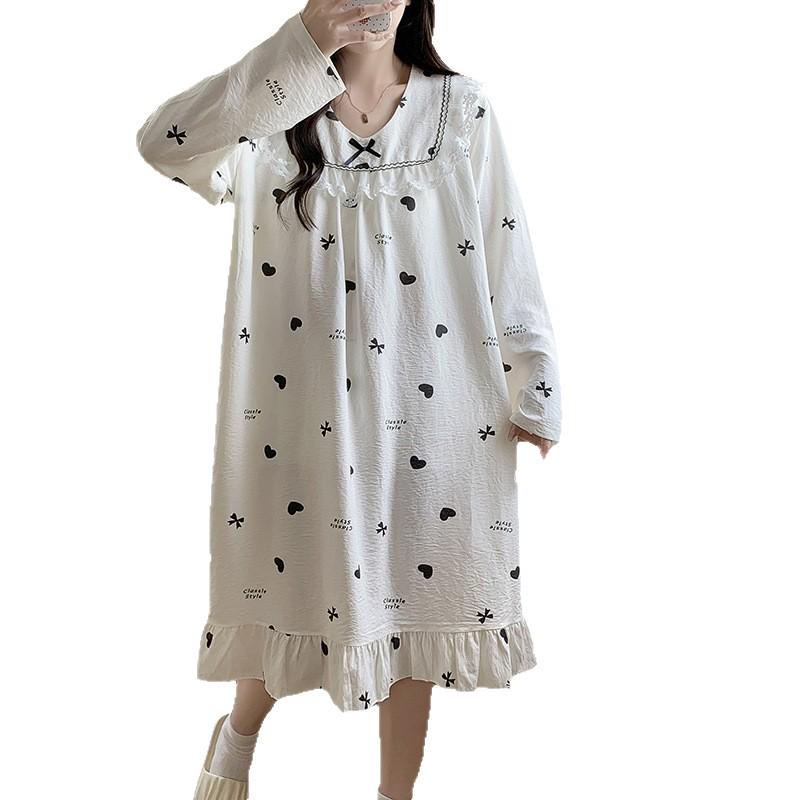 Spring & Autumn Lace Long Sleeve Cotton Nightgown with Fixed Chest Pad