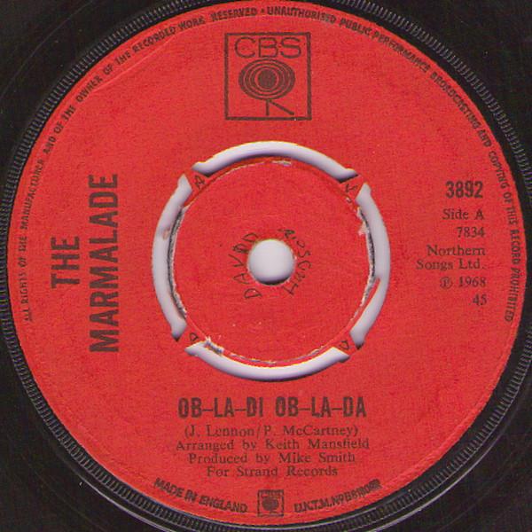 

7inch Record MARMALADE - Ob-La-Di Ob-La-Da 3892 CBS 1968 UK Rock Used