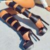 2025 Summer Caged Platform Sandals Boots Women Gladiator Open Toe Thin High Heels Classy Black Leather Hollow Sandals
