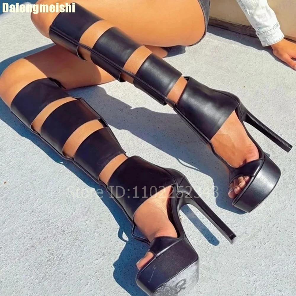Fashion 2025 Summer Caged Platform Sandals Boots Women Gladiator Open Toe Thin High Heels Fashion Classy Black Leather Hollow Sandals