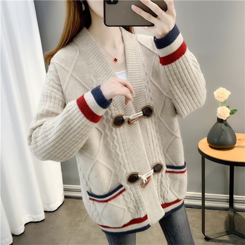 Herbst Damen V-Ausschnitt Farbkontrast Strickjacke Pullover Mantel Ochsenhornknopf Locker Kringel Vielseitig