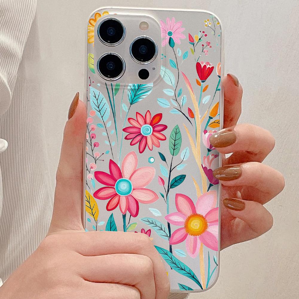 Soft TPU Transparent Flower  Phone Case for iPhone 11 Funda iPhone 13 14 15 Pro Max Plus 12 Mini 13pro 15pro 14pro Matte Covers