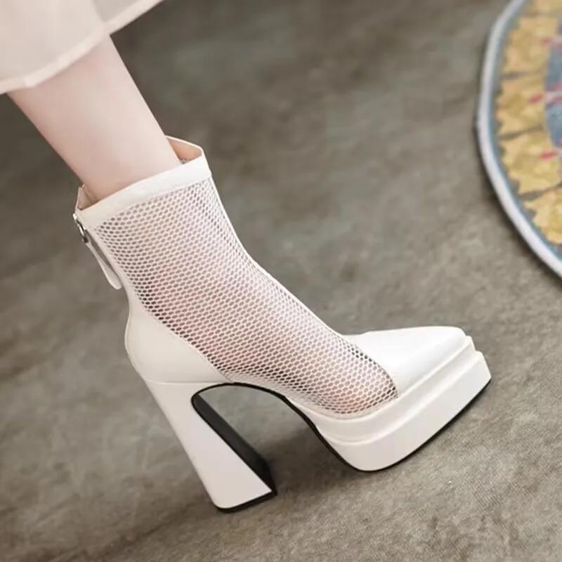 

Summer Breathable Mesh Cooling Boots Women s Thin Super High Heel Platform Block Heel Pointed Toe Hollow Out Sexy Mesh Boots 34 білий