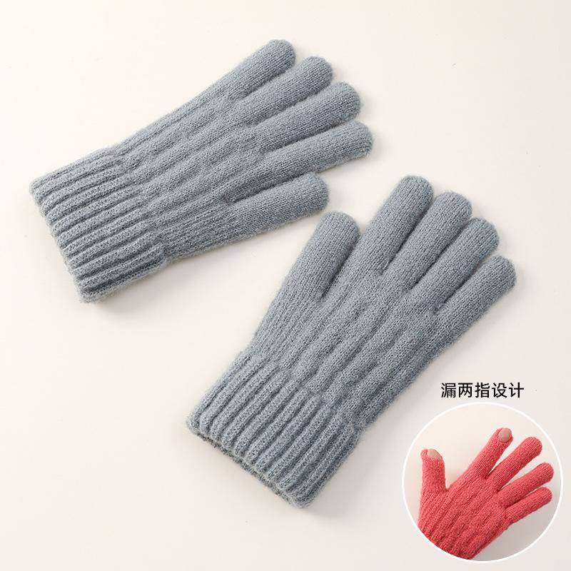 Solid color leaky two-finger knitted thickened brushed fleece warm and cold-proof women's winter outdoor wool student gloves
