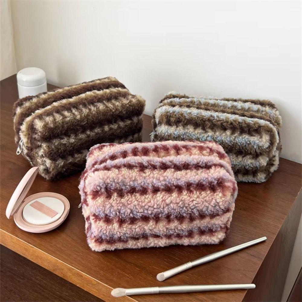 Large Capacity Plush Striped Makeup Bag Vintage Make Up Organizer Cosmetics Storage