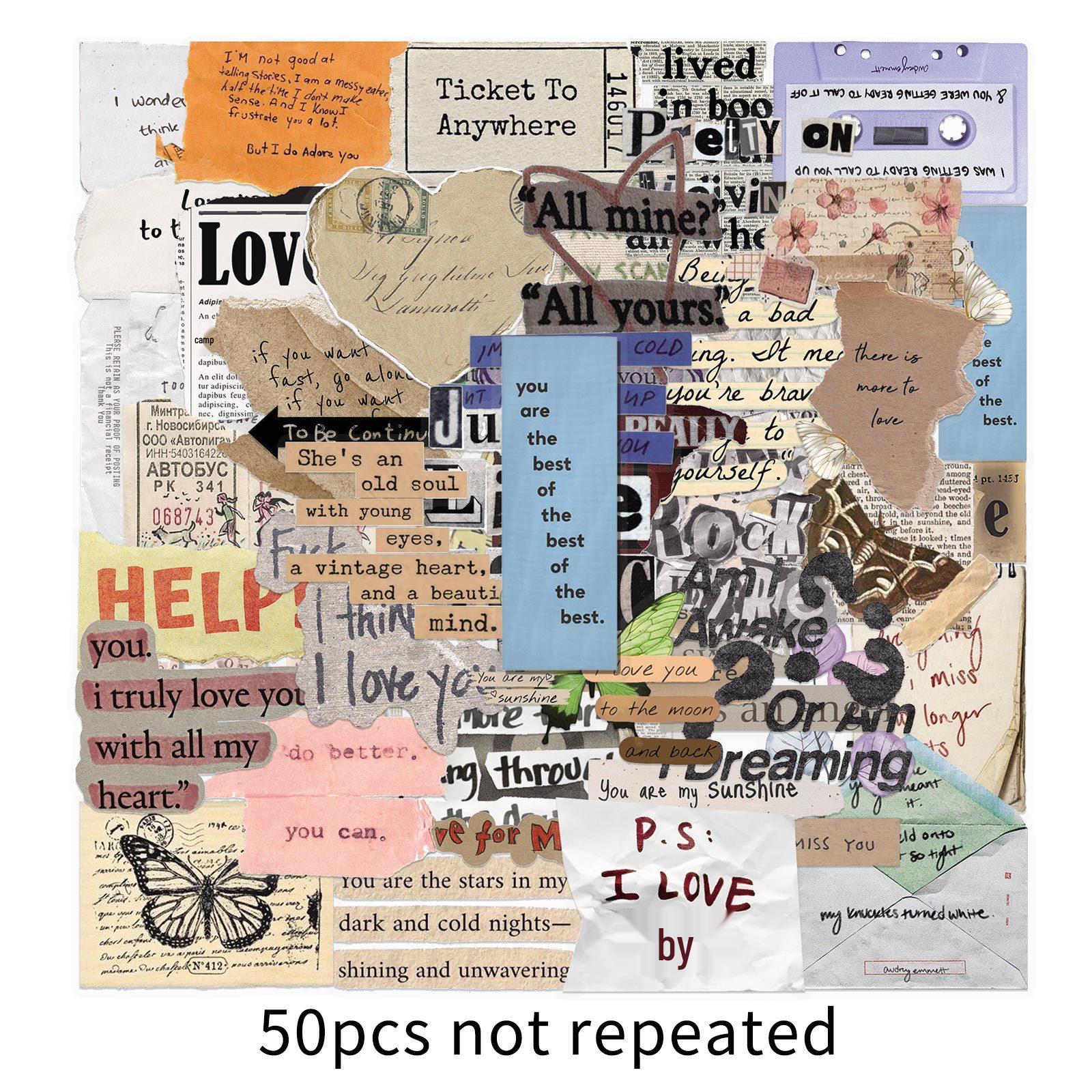 50 Transparent Retro English Fragment Stickers - Waterproof PET Creative Collage for DIY Journals