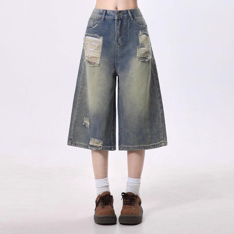 

Women s Retro Distressed High Waist Ripped Denim Capri Pants - Summer Casual Wide-Leg Trousers L