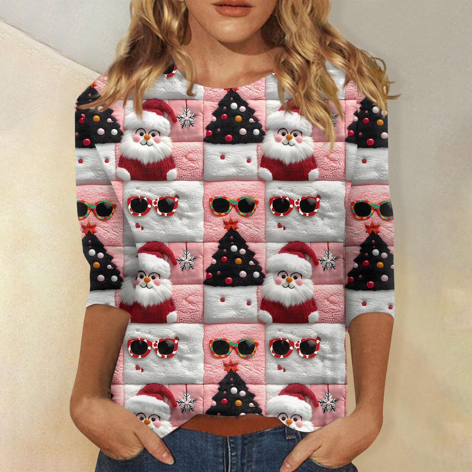 

Женская модная повседневная футболка с рукавом три четверти и рождественским принтом, с круглым вырезом L розовый