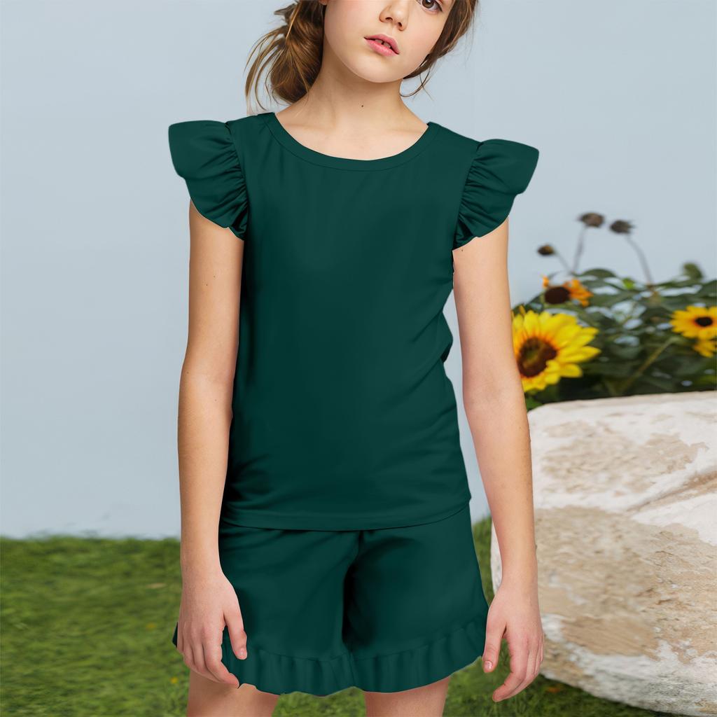 Summer Girls Cute Suit Flying Sleeves T-shirt Top + Ruffled Shorts Daily Outdoor Wear Cute Casual Fashion 2-Piece Set