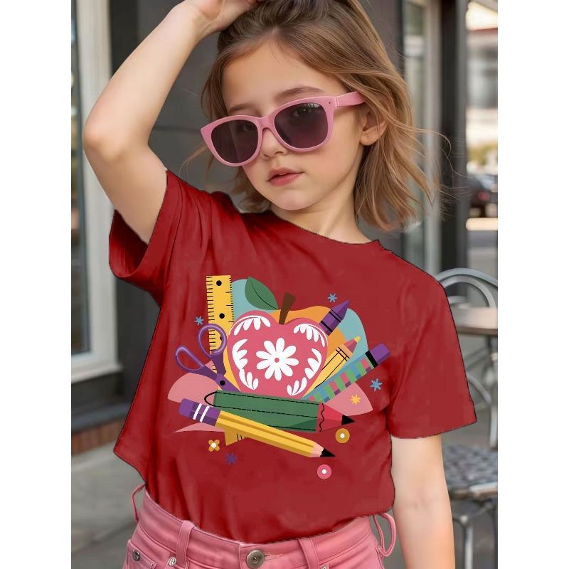 Girls Summer Crew Neck Short Sleeve T-Shirt with Cartoon Stationery Print