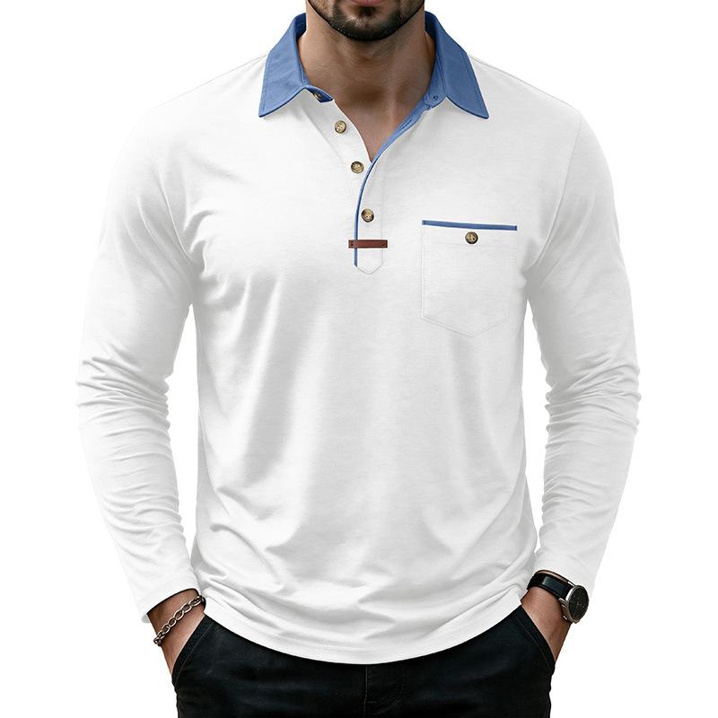 Mens Casual Long Sleeve Polo Shirts Contrast Lapel Button T Shirt with Chest Pocket Solid Color Daily Business Tops