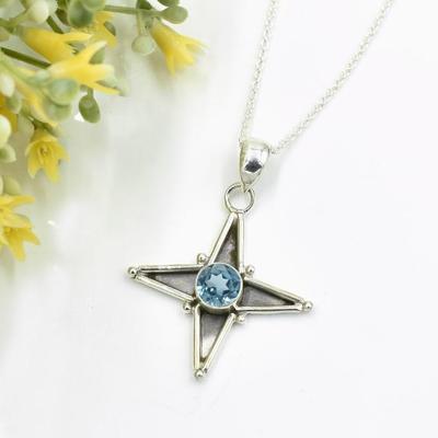 Solid 925 Sterling Silver Blue Topaz Gemstone Pendant Necklace Unique Gift, Silver Charm Jewelry, Bohemian Jewelry