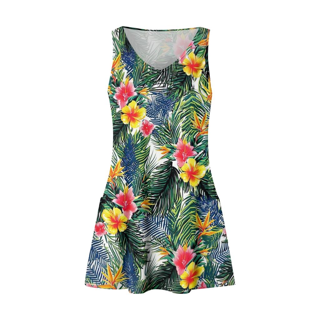 Women's Casual Fashion V-neck Sleeveless Floral Print Side Pocket Dress