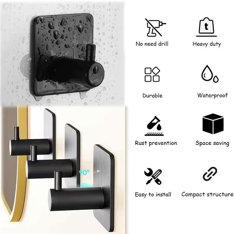 5 Pcs Black Stainless Steel No Drill Adhesive Robe Towel Hooks for Bathroom Kitchen Shower Keys Clothes and Wreaths
