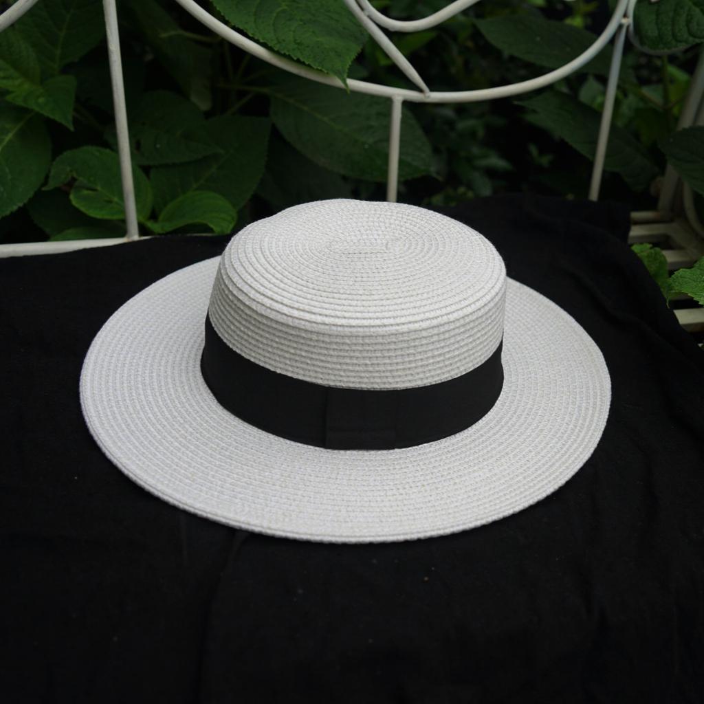 Korea Foreign Trade Summer French Wide Brim White Black Flat Top Straw Hat Women'S Sunshade Sun Hat Panama Top Hat