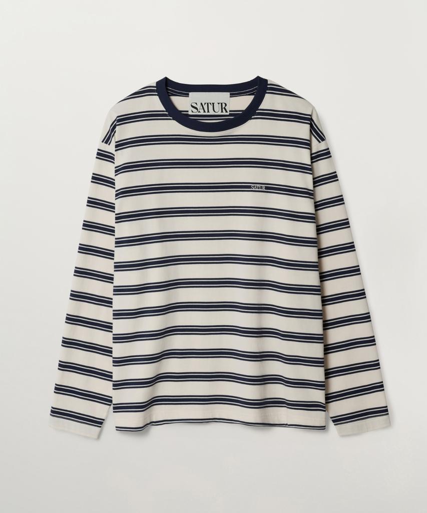 Seteo Font Embroidered Stripe Long Sleeve Navy