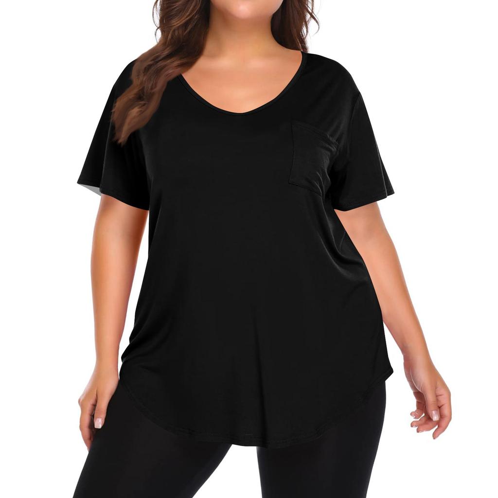 Women's Solid Color Large Size V-neck Top Loose Pocket T-shirt
