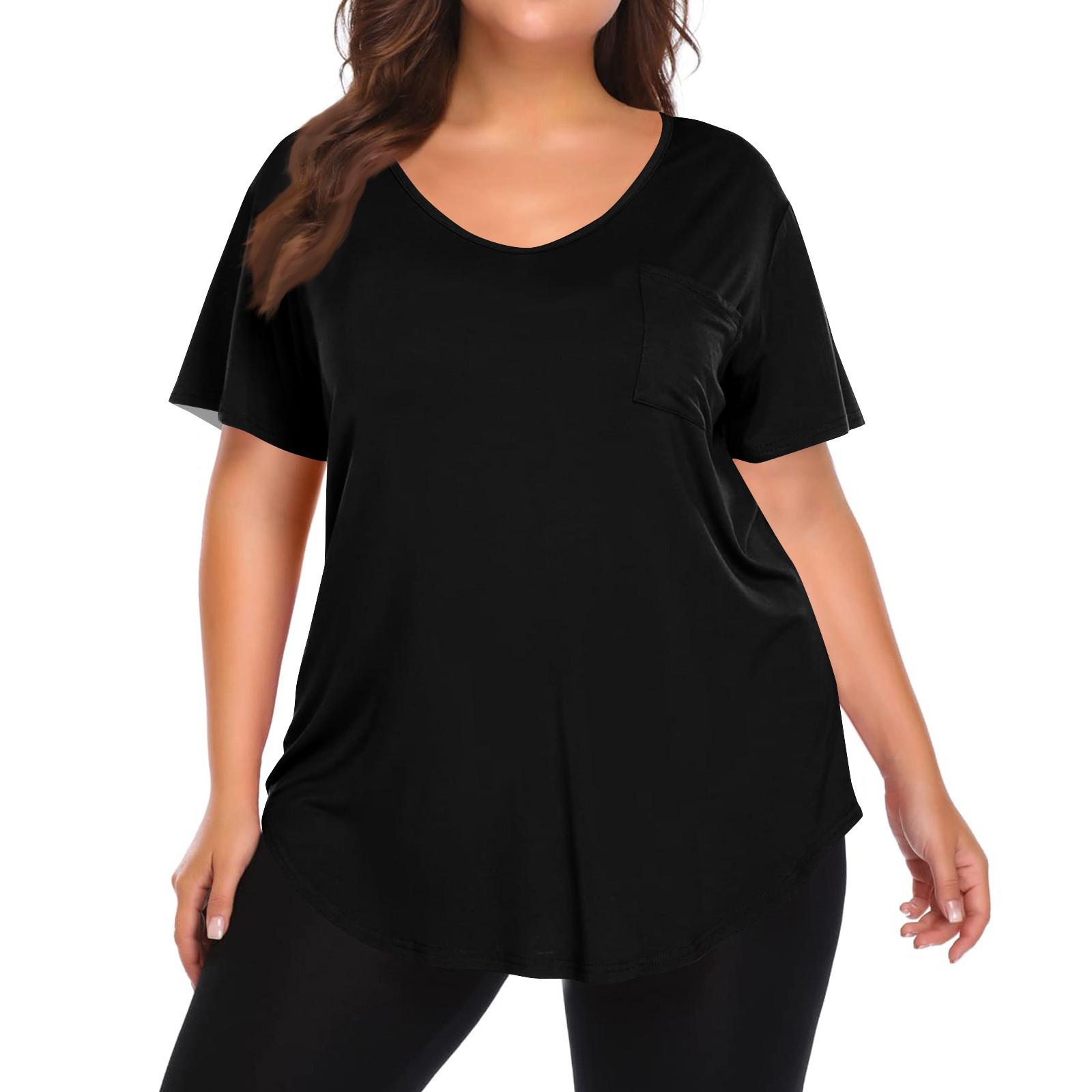 

Женский однотонный топ большого размера с V-образным вырезом, свободная футболка с карманом XXXXL