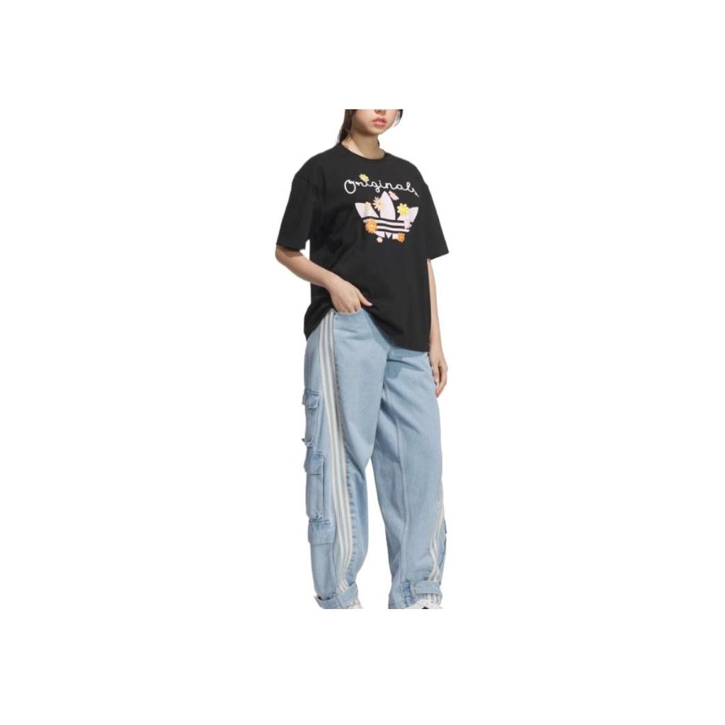 adidas Originalūs Patogūs Minkšti Laisvalaikio Universalūs Trumpomis Rankovėmis Kvėpuojantys Drop Shoulder Marškinėliai Moteriški Viršutiniai Drabužiai Juodi KB8959