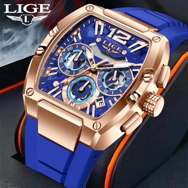 LIGE Men Wristwatches Creative Square Watch for Man Sports Chronograph Luminous Date Clock Top Brand Luxury Hollow Watch Men