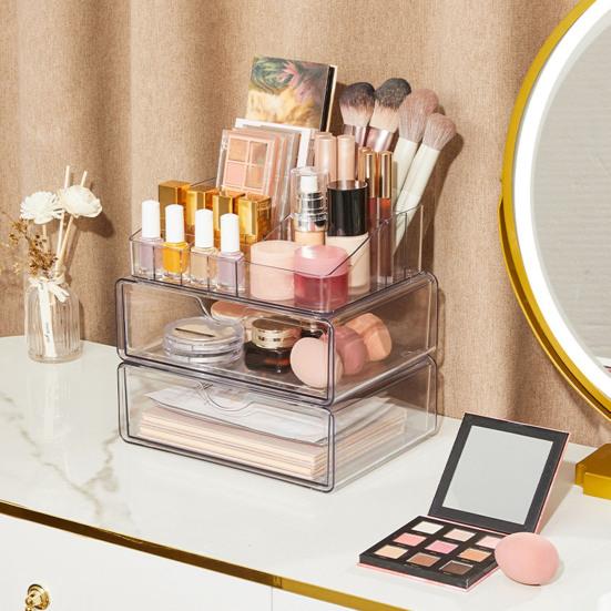 3 Tier Clear Acrylic Makeup Organizer with Drawer Large Cosmetic Storage Box Anti-fall Cosmetic Storage Rack Gifts for Makeup Lovers