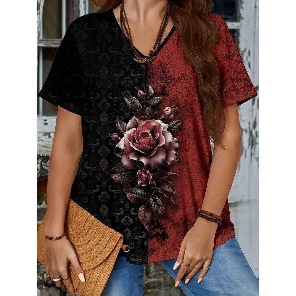 Summer V-neck Flower Pattern 3D Printed Top Fashionable Casual Short Sleeved Plus Size Women's T-shirts