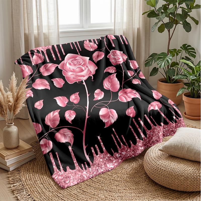 Pink Rose Floral Pattern Theme Blanket Lightweight Warm Flannel Blanket Decorative Throw Blanket for Home Decoration