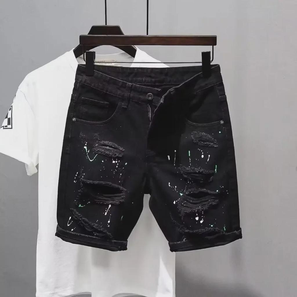 Herren Slim Fit Schwarze Denim Shorts mit Distressed-Details - Sommer 2023 Kollektion.