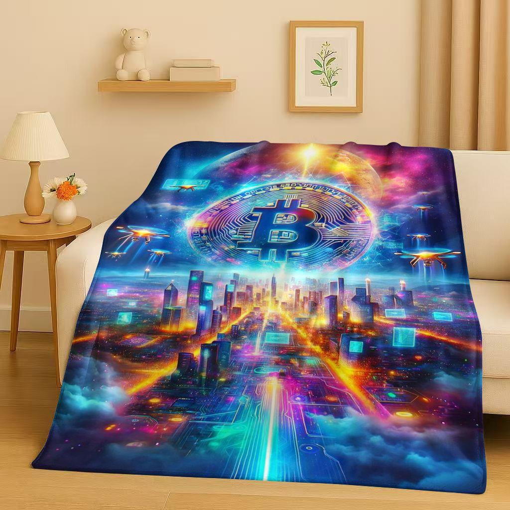 3D Rich BTC Bitcoin Circuit Board Art Cartoon Flannel Blanket,Ultra Soft Warm Plush Throw for Home Bedroom Bed Sofa Cover Kids