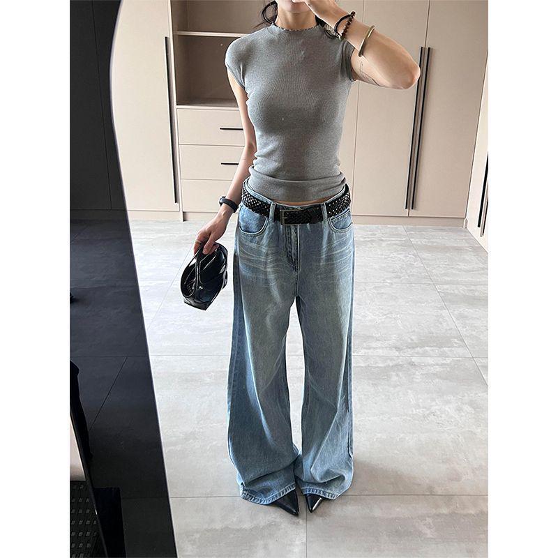Women's Extra Long Light Blue Wide Leg Jeans - High Waist, Loose, Slimming, Versatile, Drapey, Straight Leg, Floor Length.