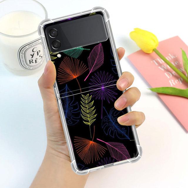 Blader Luksus Luksus Etui For Samsung Galaxy Z Flip 3 4 5g Funda Z Flip3 Gjennomsiktig PC Hardt Støtsikkert Bakside Telefon Coque Skall