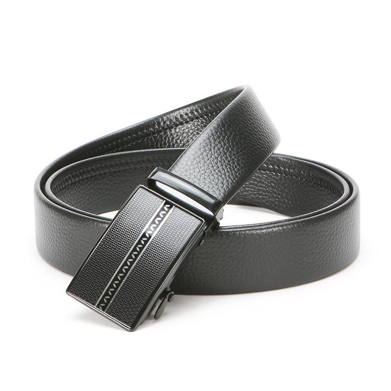 Men'S Automatic Buckle Iron Buckle Hemming Lychee Pattern Black Belt Middle-Aged And Young Business Belt