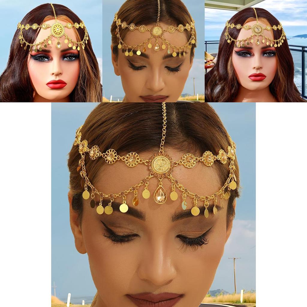 Arab Bridal Headpiece Gold Alloy Crystal Embellished Dangle Head Chain For Wedding And Gift