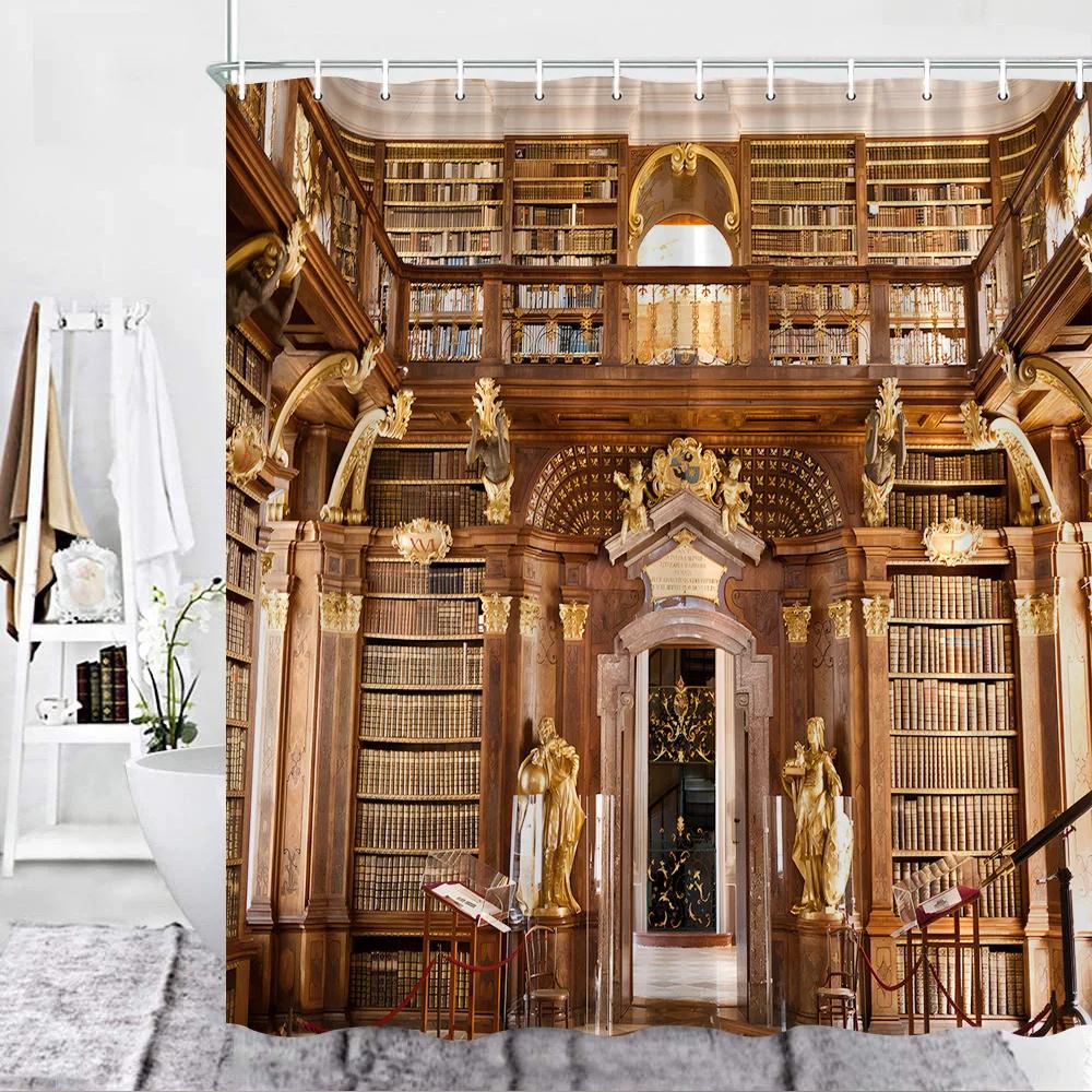 3D Library Shower Curtain, Vintage Bookshelf Books Gothic Magic Polyester Printed Fabric Bathroom Decorative Bathtub Accessories
