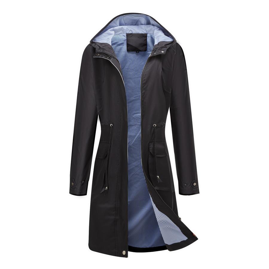 Oversized Long Casual Windbreaker for Women, Waterproof, Hooded, Solid Color Top, Striped Lining, Straight Cut Jacket